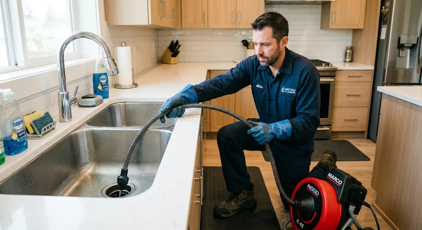 Drain cleaning technician using a motorized snake on a kitchen sink in Santa Barbara