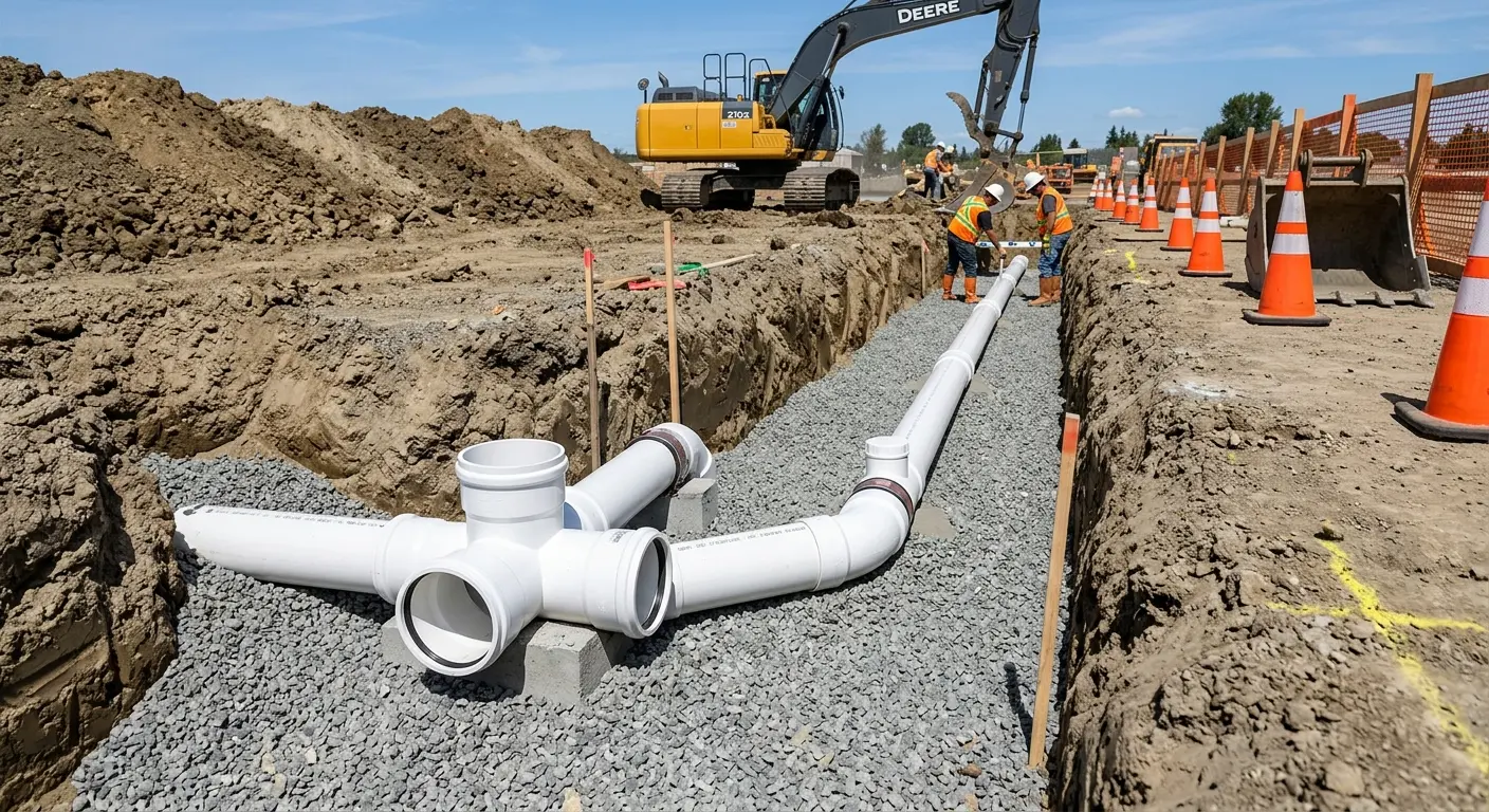 New PVC sewer pipe installation in open trench for Grease Trap Cleaning in Santa Barbara