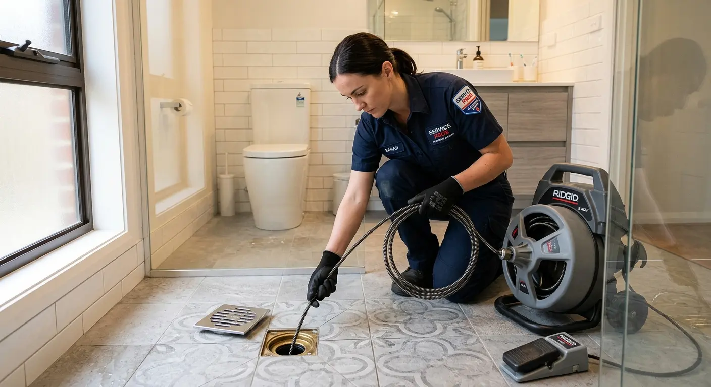 Technician clearing a bathroom floor drain for Sewer Line Replacement in Santa Barbara